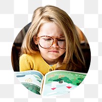 Little girl png reading book badge sticker, children's education photo, transparent background