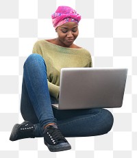 Png woman using laptop sticker, education transparent background