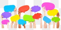 Diverse hands png holding speech bubbles sticker, transparent background