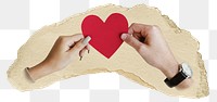 Couple png hands holding heart sticker, ripped paper, transparent background