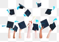 Hands throwing png graduation hats sticker, education image on transparent background