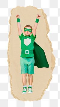 Superhero boy, kids' education png sticker, ripped paper, transparent background