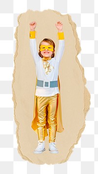 Superhero girl, kids' education png sticker, ripped paper, transparent background