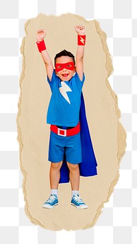 Superhero boy, kids' education png sticker, ripped paper, transparent background