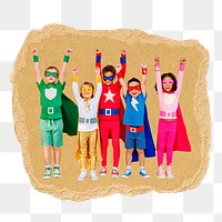 Superhero kids png sticker, ripped paper, transparent background