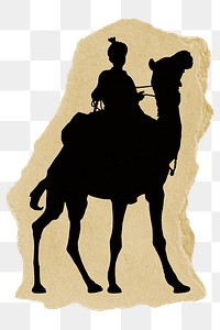 Camel rider png silhouette sticker, ripped paper collage element, transparent background