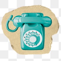 Green png rotary telephone sticker, ripped paper, transparent background