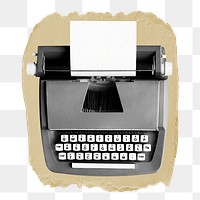 Black typewriter png ripped paper sticker, vintage object graphic, transparent background