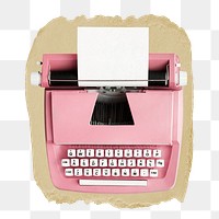 Pink typewriter png ripped paper sticker, vintage object graphic, transparent background