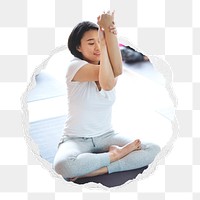 Woman png doing yoga pose sticker, wellness photo in ripped paper badge, transparent background