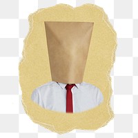 Bag png covering businessman's head sticker, ripped paper, transparent background