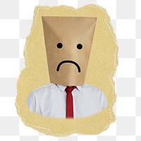 Sad bag png covering businessman's head sticker, ripped paper, transparent background