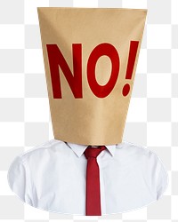 NO! bag png covering businessman's head sticker,  transparent background