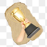 Hand holding png gold trophy ripped paper sticker, transparent background