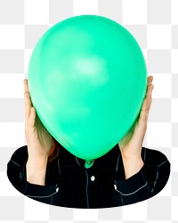 Woman holding png balloon sticker, transparent background