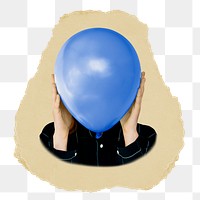 Woman holding png balloon sticker, ripped paper, transparent background