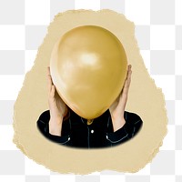 Woman holding png balloon sticker, ripped paper, transparent background