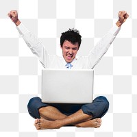 Businessman png cheering with laptop sticker, hiring, job, employment image, transparent background