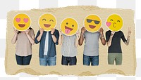 Diverse people png holding emoticon signs sticker, ripped paper, transparent background