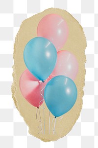 Birthday balloons png ripped paper sticker, festive decor graphic, transparent background