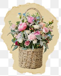 Spring flower png basket sticker, ripped paper, transparent background