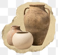 Clay pots png sticker, pottery torn paper, transparent background