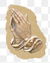 Praying hands png sticker, ripped paper collage element, transparent background