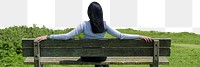 Woman sitting png on bench border, transparent background