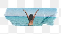 Png carefree woman at the beach, Summer sticker, washi tape, transparent background