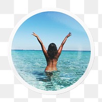 Png carefree woman at the beach sticker, Summer in circle frame, transparent background