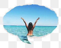 Png carefree woman at the beach, Summer sticker, ripped paper speech bubble, transparent background