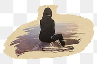 Woman sitting png sticker, ripped paper, transparent background