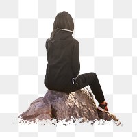 Woman sitting png on a rock sticker, transparent background