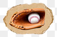 Baseball glove png sticker, ripped paper, transparent background