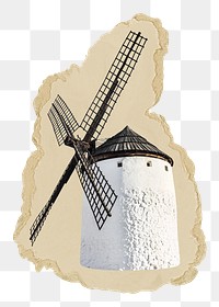 Old windmill png sticker, ripped paper, transparent background