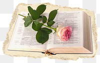 Png rose on book sticker, object ripped paper, transparent background