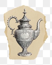Silver teapot png sticker, vintage illustration, transparent background, ripped paper badge