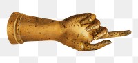 Png golden hand sticker, vintage illustration, transparent background