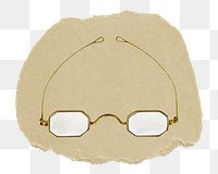 Glasses png sticker, vintage artwork, transparent background, ripped paper badge