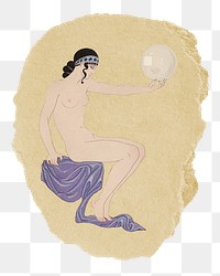 Seated woman png sticker, George Barbier-inspired vintage artwork, transparent background, ripped paper badge, remixed by rawpixel