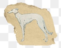 Greyhound dog png sticker, George Barbier-inspired vintage artwork, transparent background, ripped paper badge, remixed by rawpixel