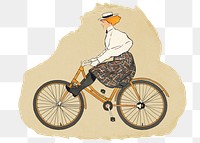 Woman riding bicycle png sticker, ripped paper, transparent background