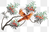 Png birds and trees sticker, vintage illustration, transparent background