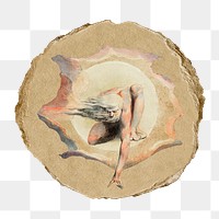 Png man touching ground sticker, William Blake-inspired artwork, transparent background, ripped paper badge, remixed by rawpixel