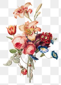 Png flower bouquet sticker, vintage illustration, transparent background