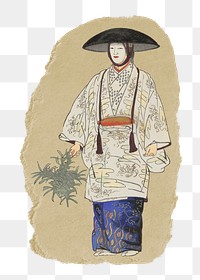 Japanese woman png sticker, vintage artwork, transparent background, ripped paper badge