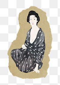 Japanese woman png sticker, vintage artwork, transparent background, ripped paper badge