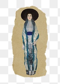 Woman png sticker, Gustav Klimt-inspired artwork, transparent background, ripped paper badge