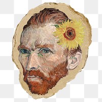 Van Gogh portrait png sticker, ripped paper, transparent background, remixed by rawpixel.
