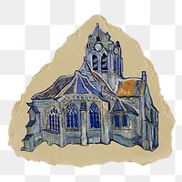 The church png sticker, Van Gogh-inspired artwork, transparent background, ripped paper badge, remixed by rawpixel